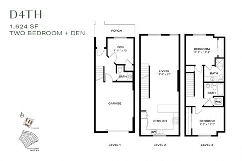 Floor plan for 3 beds, 2.5 baths, 1624 sqft